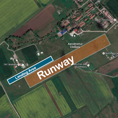 THT Brothers dropzone has very narrow long landing area parallel to the runway. Therefore landing must be in one of 2 directions only, both parallel to the runway.